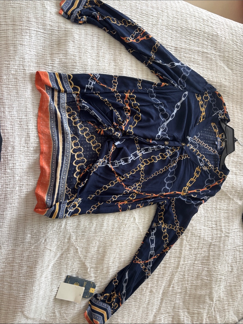 Democracy Navy Blouse with Gold Chain Print and Orange Trim